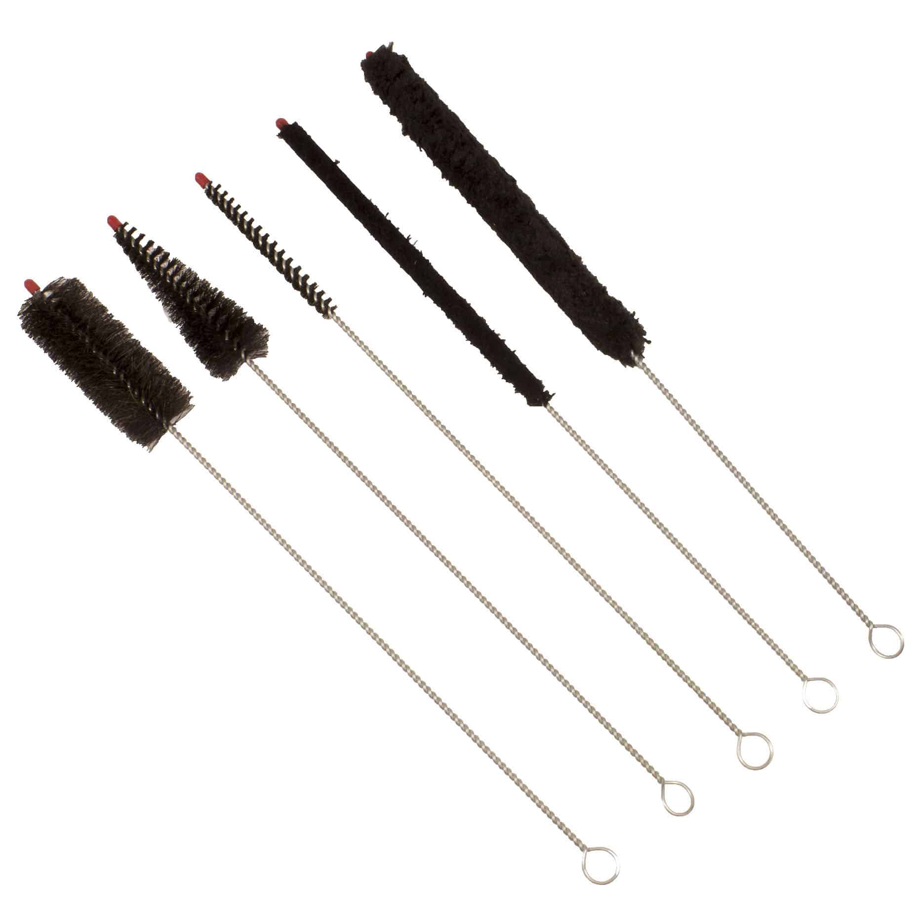 Shows 5 different shaped brushes for bagpipe parts